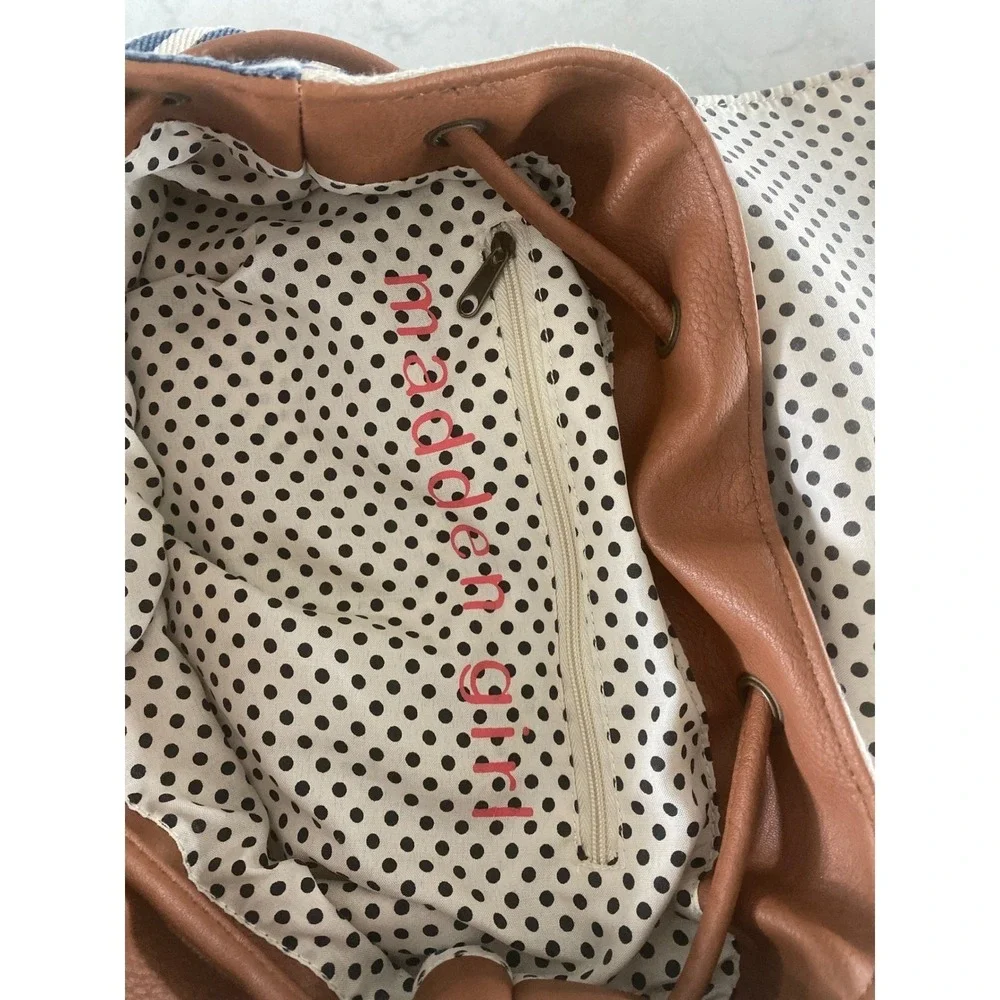 Madden Girl Striped Canvas Backpack Blue White Lace Brown Faux‎ Leather Boho Bag